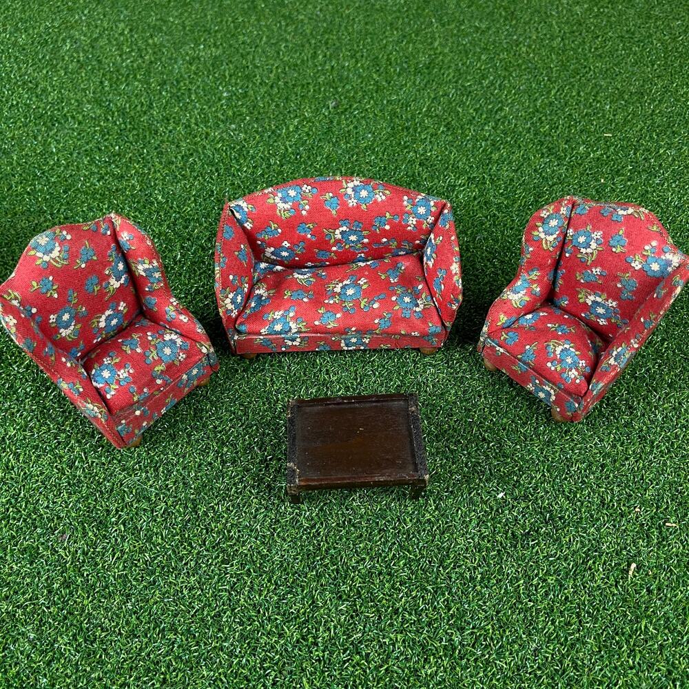 Vintage  Miniature Dollhouse Red Floral Living Room Set